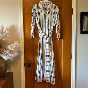 Zara striped Midi shirt dress with belt. Size M/L White/navy stripes